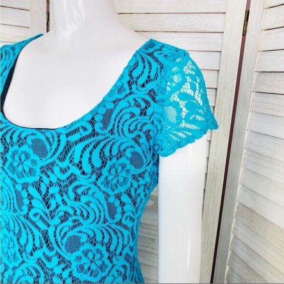 Eva Mendes New York & Co. Lace Sheath Bodycon‎ Dress Teal Black 2 Cap Sleeve - Picture 5 of 11